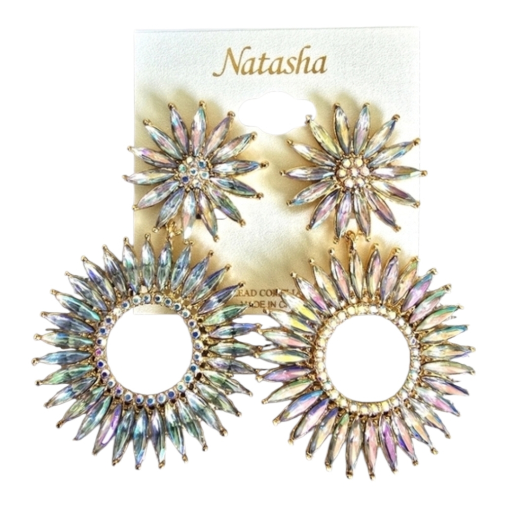 Natasha Iridescent Rhinestone Crystal Round Gold Drop Dangle Earrings